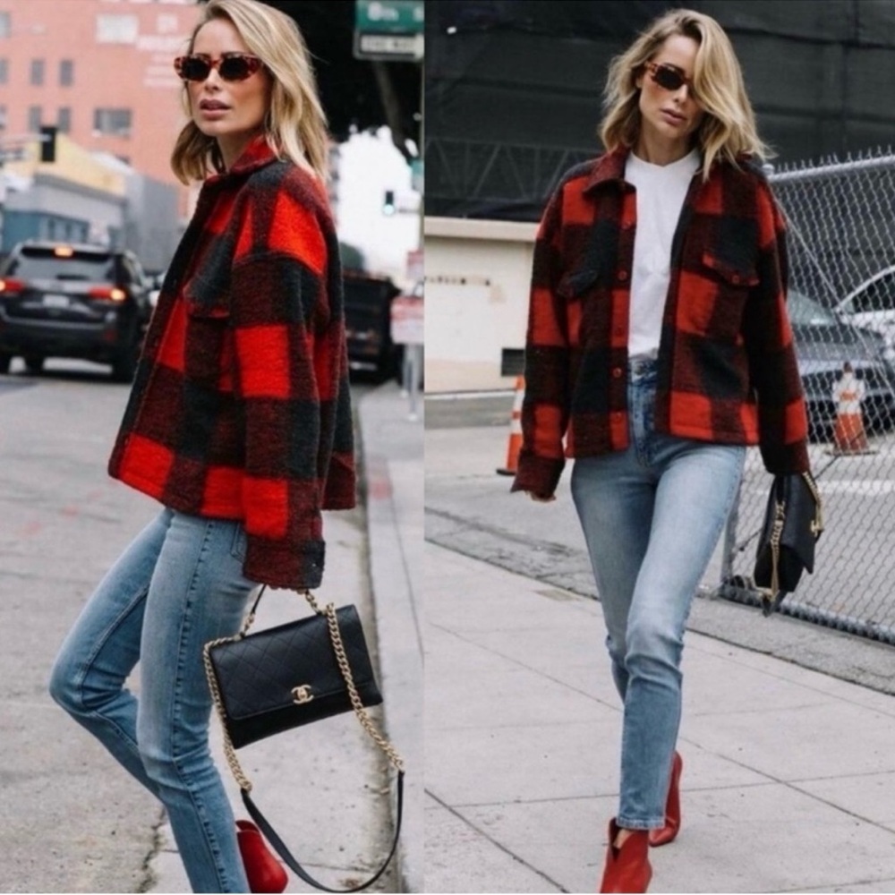 Anine Bing Bobbi Wool Shacket Jacket Buffalo Plaid Red NEW - Picture 4 of 11